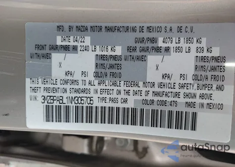 2022 Mazda Mazda3 Select z USA, uszkodzony, nr VIN 3MZBPABL1NM305705